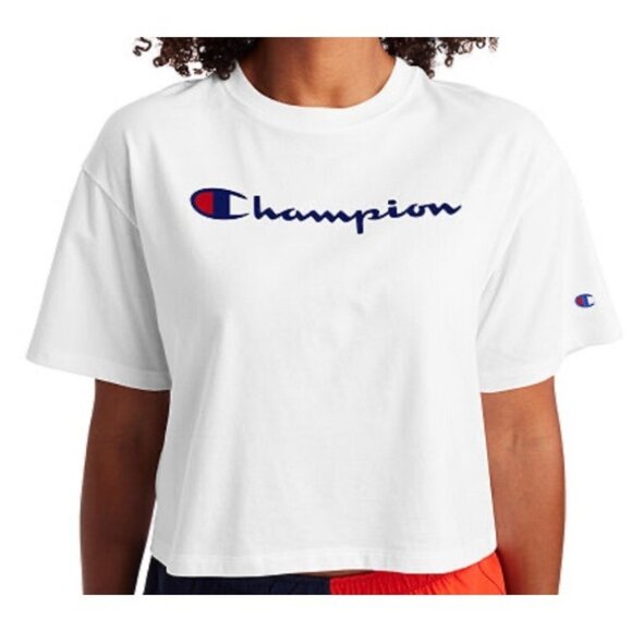 Champion Tops - 🖤 Champion Womens Medium Retro White Cropped Short Sleeve Top
